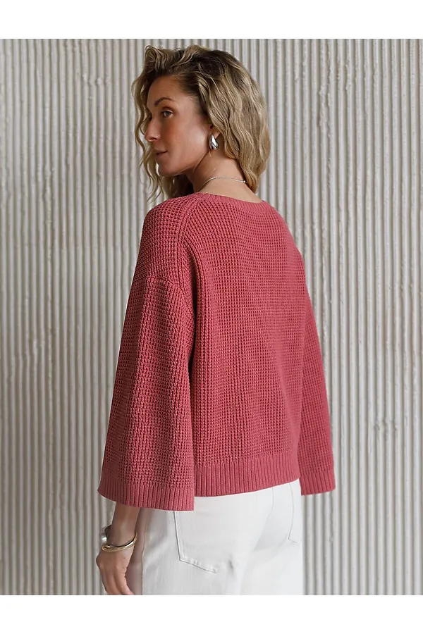 Укороченный джемпер с широкими рукавами рельефной вязки из хлопка с акрилом VILATTE, пыльно-розовый - фото 2