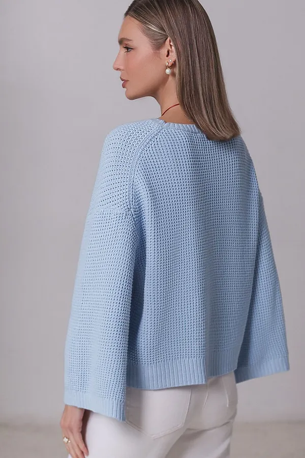 Укороченный джемпер с широкими рукавами рельефной вязки из хлопка с акрилом VILATTE, светло-голубой - фото 2