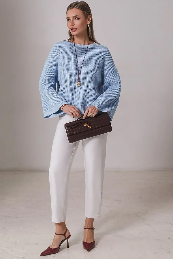 Укороченный джемпер с широкими рукавами рельефной вязки из хлопка с акрилом VILATTE, светло-голубой - фото 2