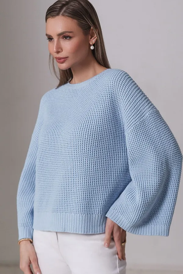 Укороченный джемпер с широкими рукавами рельефной вязки из хлопка с акрилом VILATTE, светло-голубой - фото 2