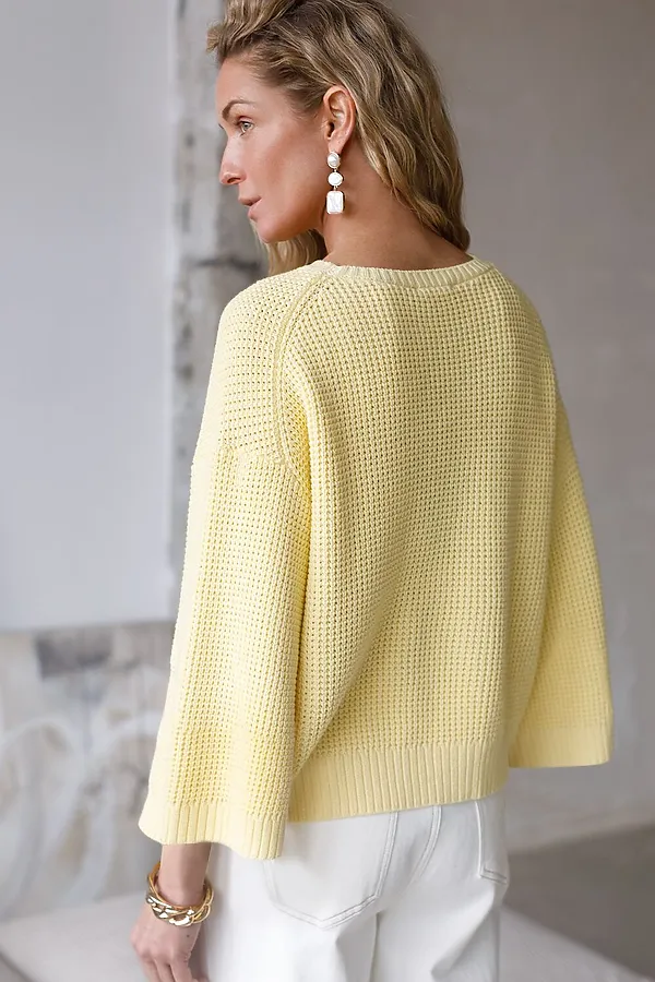 Укороченный джемпер с широкими рукавами рельефной вязки из хлопка с акрилом VILATTE, светло-желтый - фото 2