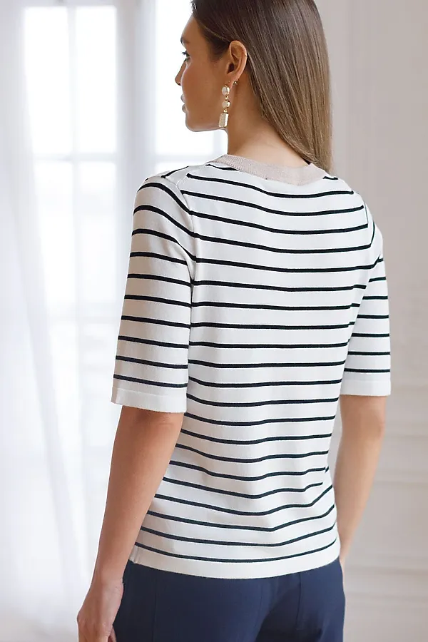 Свободный джемпер в полоску из вискозы с люрексом VILATTE, белый - фото 2