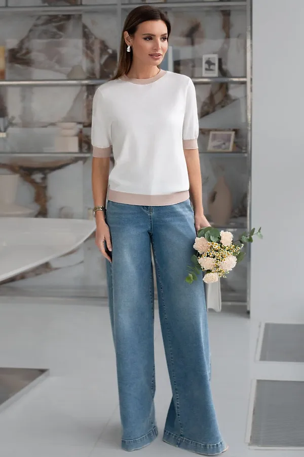 Джемпер с коротким рукавом тонкой вязки из вискозы с люрексом VILATTE, белый - фото 2