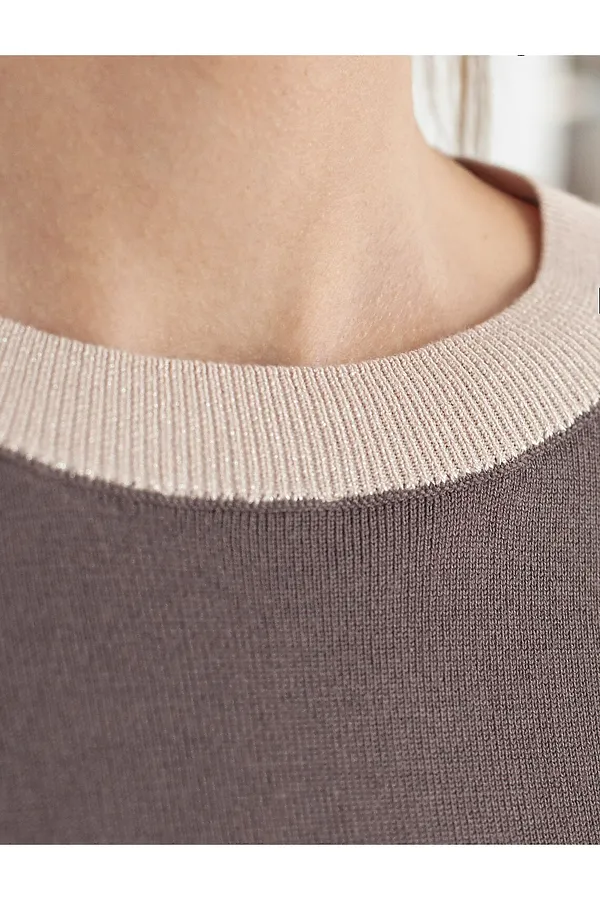 Джемпер с коротким рукавом тонкой вязки из вискозы с люрексом VILATTE, кофейный - фото 2