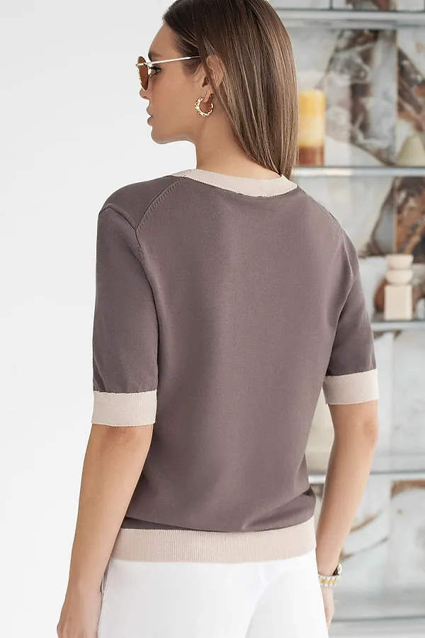 Джемпер с коротким рукавом тонкой вязки из вискозы с люрексом VILATTE, кофейный - фото 2