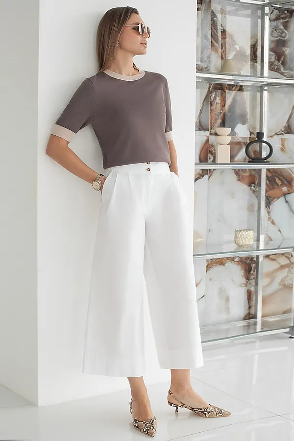 Джемпер с коротким рукавом тонкой вязки из вискозы с люрексом VILATTE, кофейный - фото 2