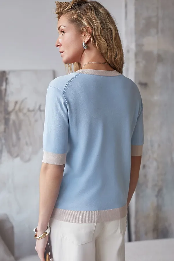 Джемпер с коротким рукавом тонкой вязки из вискозы с люрексом VILATTE, светло-голубой - фото 2