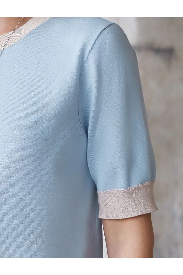 Джемпер с коротким рукавом тонкой вязки из вискозы с люрексом VILATTE, светло-голубой - фото 2
