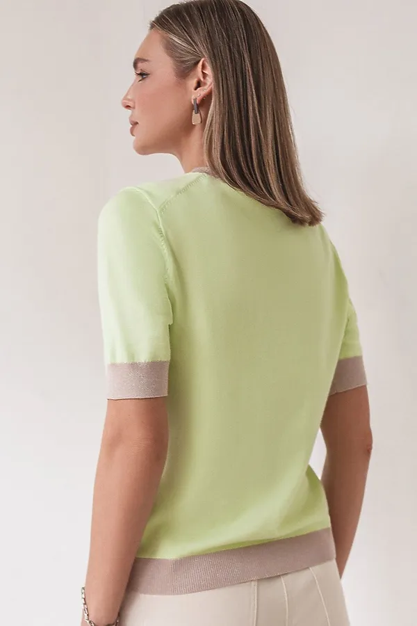 Джемпер с коротким рукавом тонкой вязки из вискозы с люрексом VILATTE, светло-зеленый - фото 2