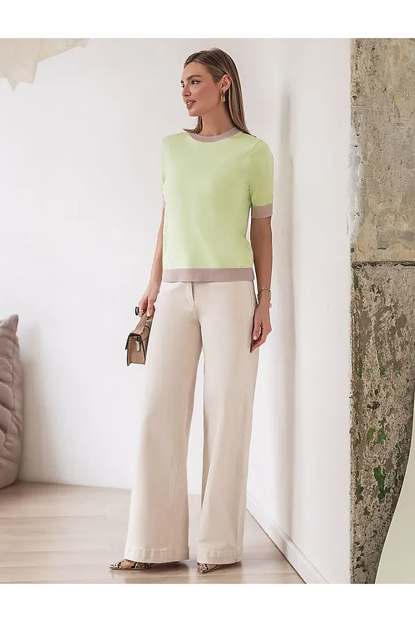 Джемпер с коротким рукавом тонкой вязки из вискозы с люрексом VILATTE, светло-зеленый - фото 2