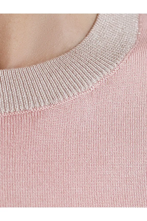 Джемпер с коротким рукавом тонкой вязки из вискозы с люрексом VILATTE, светло-розовый - фото 2