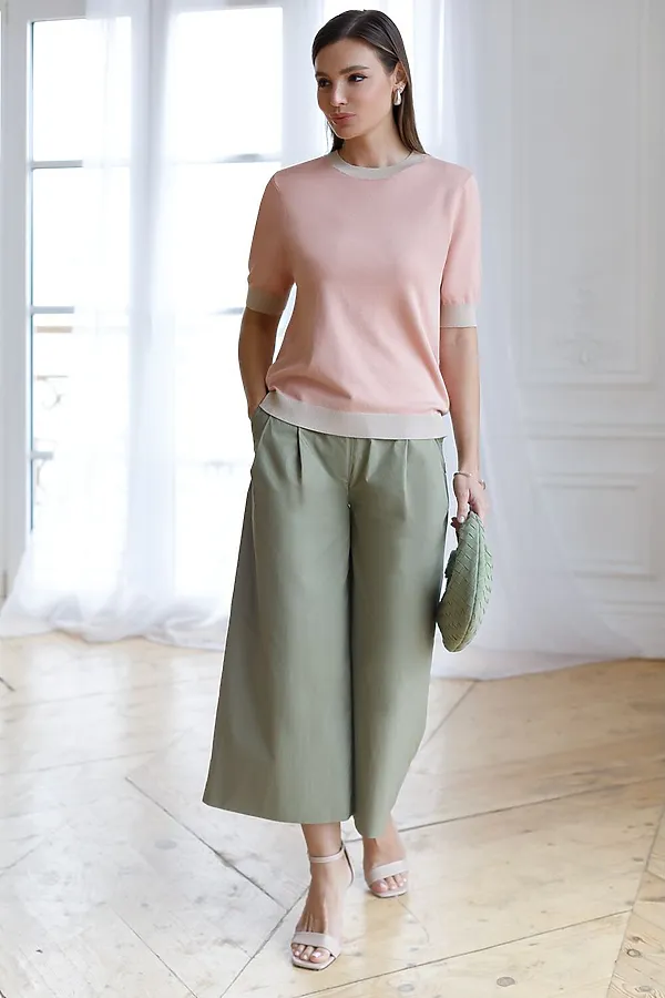 Джемпер с коротким рукавом тонкой вязки из вискозы с люрексом VILATTE, светло-розовый - фото 2