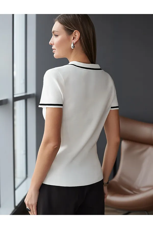 Джемпер с воротником-поло с коротким рукавом тонкой вязки из вискозы VILATTE, белый - фото 2