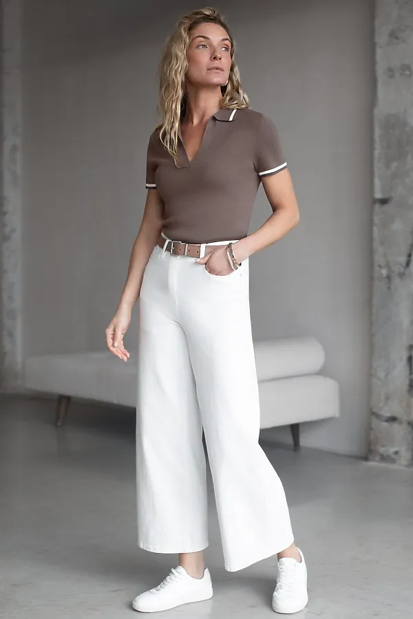 Джемпер с воротником-поло с коротким рукавом тонкой вязки из вискозы VILATTE, кофейный - фото 2