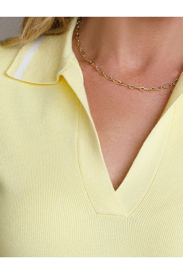 Джемпер с воротником-поло с коротким рукавом тонкой вязки из вискозы VILATTE, лимонный - фото 2