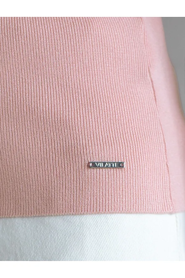 Джемпер с воротником-поло с коротким рукавом тонкой вязки из вискозы VILATTE, светло-розовый - фото 2