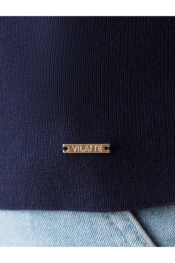 Джемпер с воротником-поло с коротким рукавом тонкой вязки из вискозы VILATTE, темно-синий - фото 2