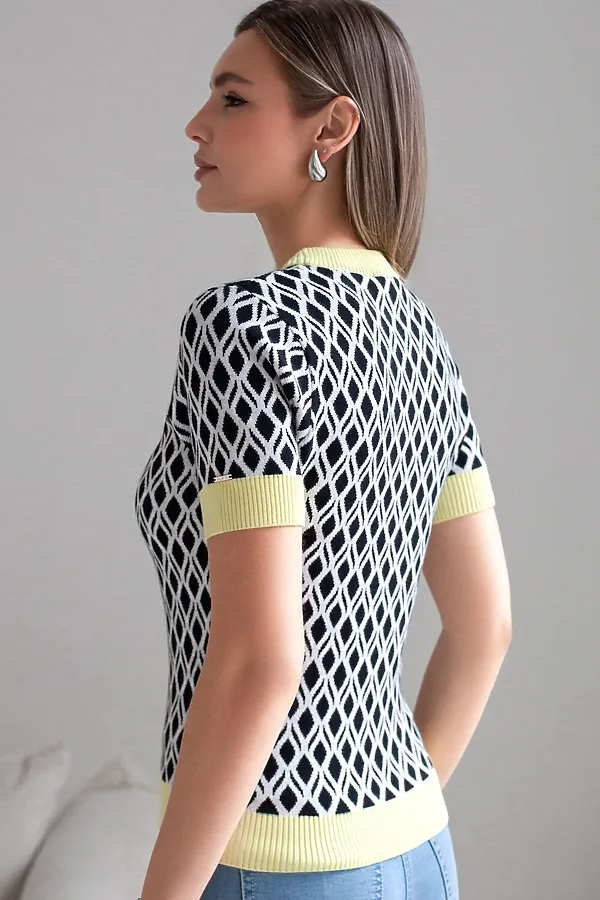 Джемпер с коротким рукавом жаккардовой вязки с принтом ромб VILATTE, белый-черный - фото 2