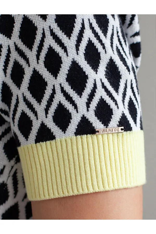 Джемпер с коротким рукавом жаккардовой вязки с принтом ромб VILATTE, белый-черный - фото 2