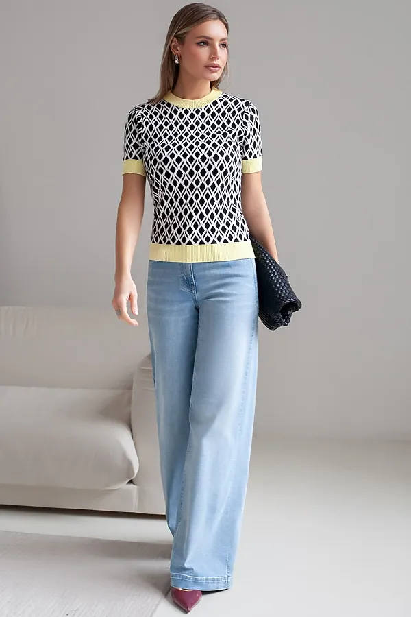 Джемпер с коротким рукавом жаккардовой вязки с принтом ромб VILATTE, белый-черный - фото 2