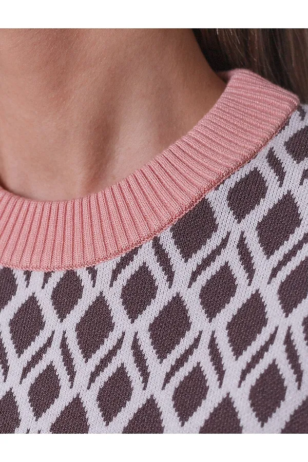Джемпер с коротким рукавом жаккардовой вязки с принтом ромб VILATTE, кофейный-белый - фото 2