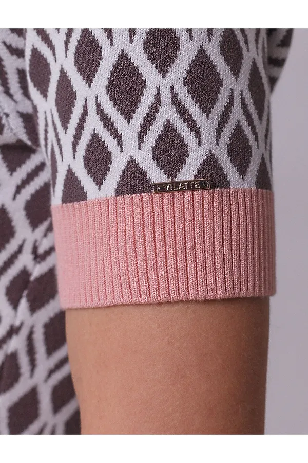 Джемпер с коротким рукавом жаккардовой вязки с принтом ромб VILATTE, кофейный-белый - фото 2