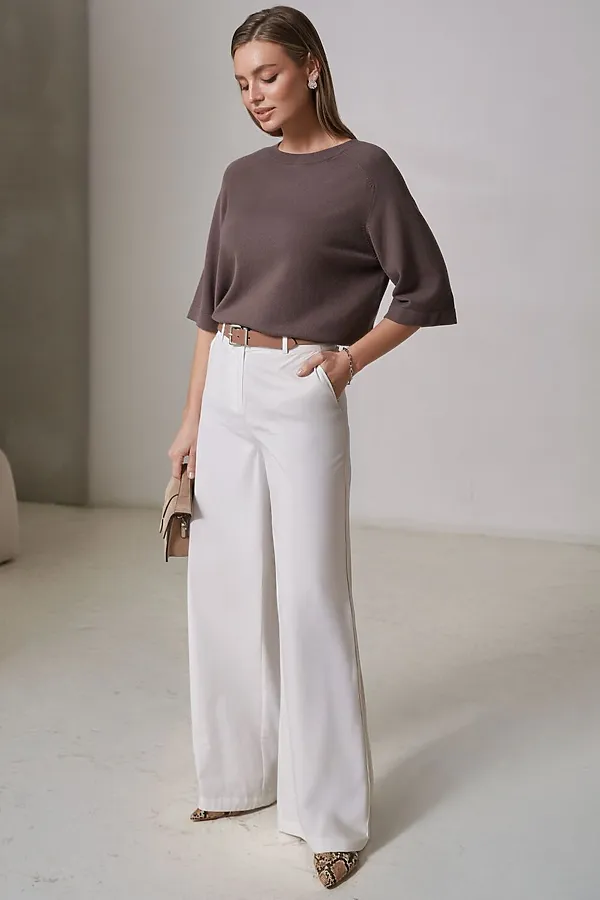 Свободный джемпер с рукавом 3/4 тонкой вязки из вискозы VILATTE, кофейный - фото 2