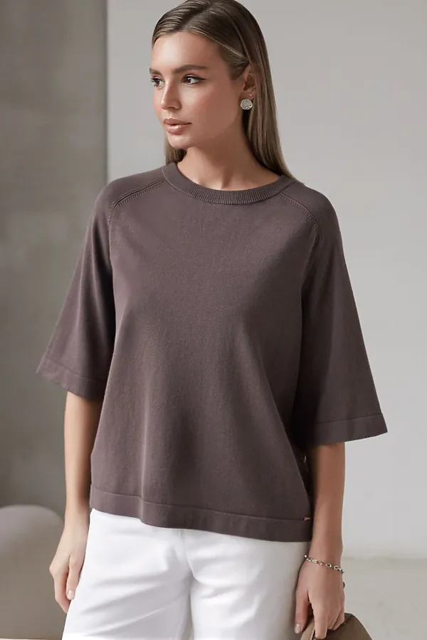 Свободный джемпер с рукавом 3/4 тонкой вязки из вискозы VILATTE, кофейный - фото 2