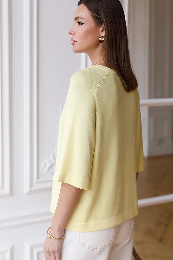 Свободный джемпер с рукавом 3/4 тонкой вязки из вискозы VILATTE, лимонный - фото 2