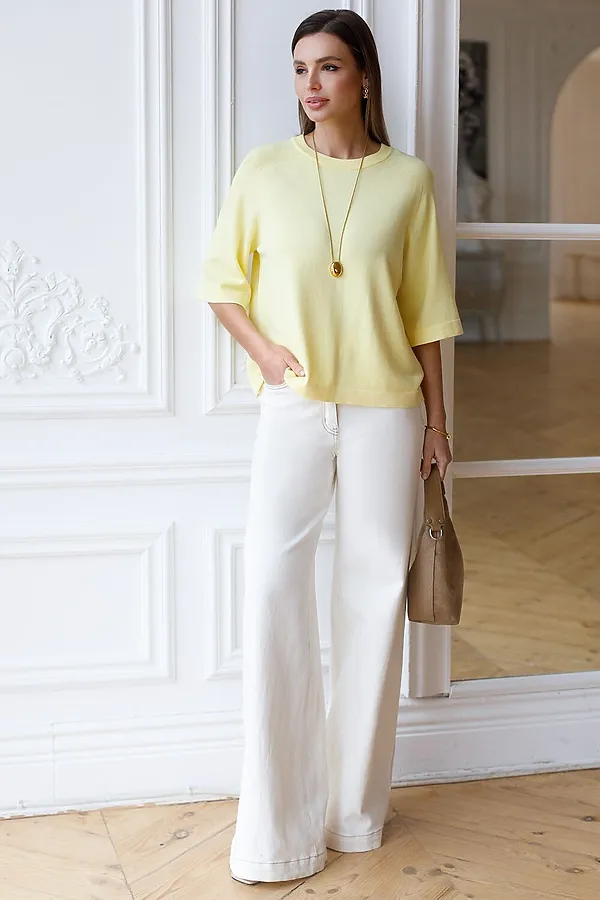 Свободный джемпер с рукавом 3/4 тонкой вязки из вискозы VILATTE, лимонный - фото 2