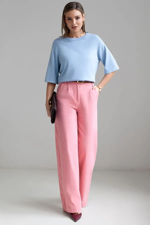 Свободный джемпер с рукавом 3/4 тонкой вязки из вискозы VILATTE, светло-голубой - фото 2