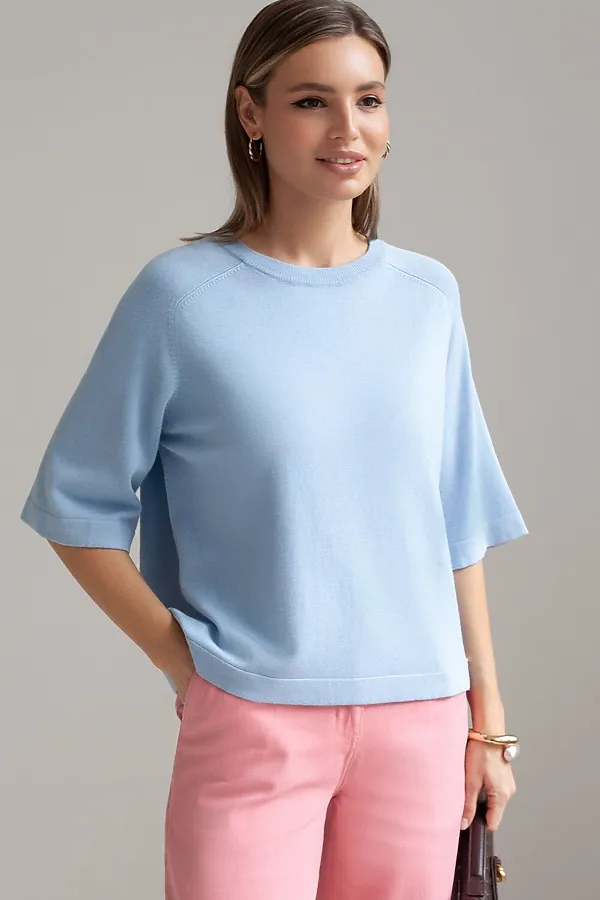 Свободный джемпер с рукавом 3/4 тонкой вязки из вискозы VILATTE, светло-голубой - фото 2