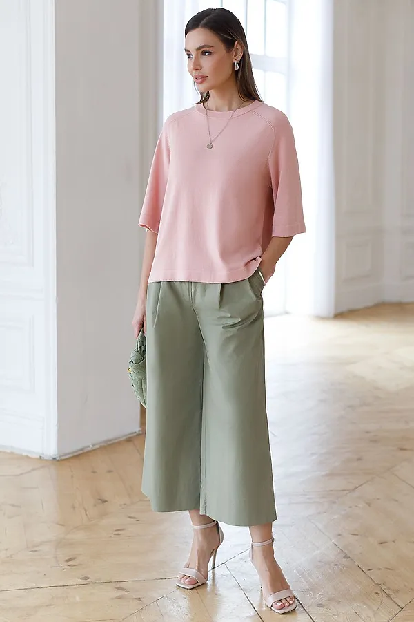 Свободный джемпер с рукавом 3/4 тонкой вязки из вискозы VILATTE, светло-розовый - фото 2