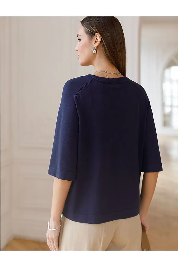 Свободный джемпер с рукавом 3/4 тонкой вязки из вискозы VILATTE, темно-синий - фото 2