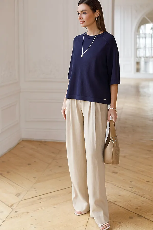 Свободный джемпер с рукавом 3/4 тонкой вязки из вискозы VILATTE, темно-синий - фото 2