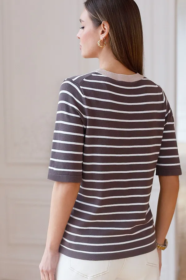 Свободный джемпер в полоску из вискозы с люрексом VILATTE, кофейный - фото 2