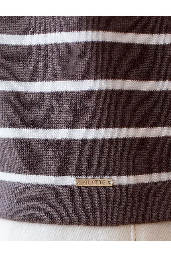 Свободный джемпер в полоску из вискозы с люрексом VILATTE, кофейный - фото 2
