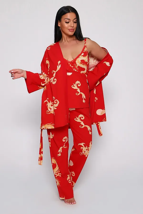 Пеньюар с брюками тройка Драконы 929 НАТАЛИ, красный - фото 2