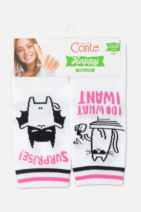 CONTE Хлопковые носки HAPPY c рисунками "cat & surprise" CONTE ELEGANT, white - фото 2
