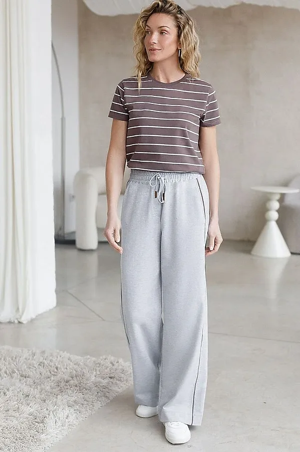 Брюки с лампасами и разрезами из эластичного футера двухнитки без начеса VILATTE, св.серый меланж - фото 2