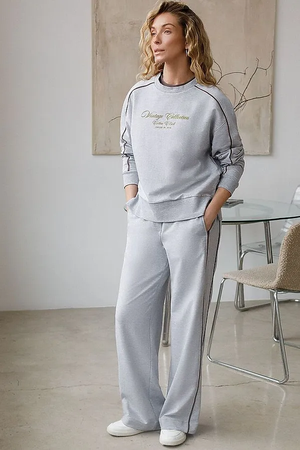 Брюки с лампасами и разрезами из эластичного футера двухнитки без начеса VILATTE, св.серый меланж - фото 2