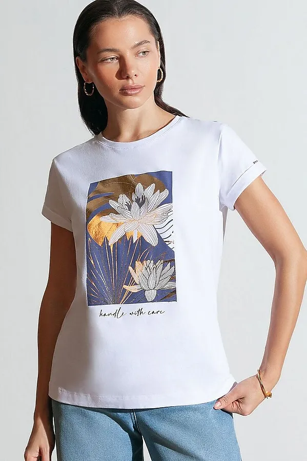 Свободная футболка с принтом из премиального хлопка с эластаном VILATTE, белый_care - фото 2