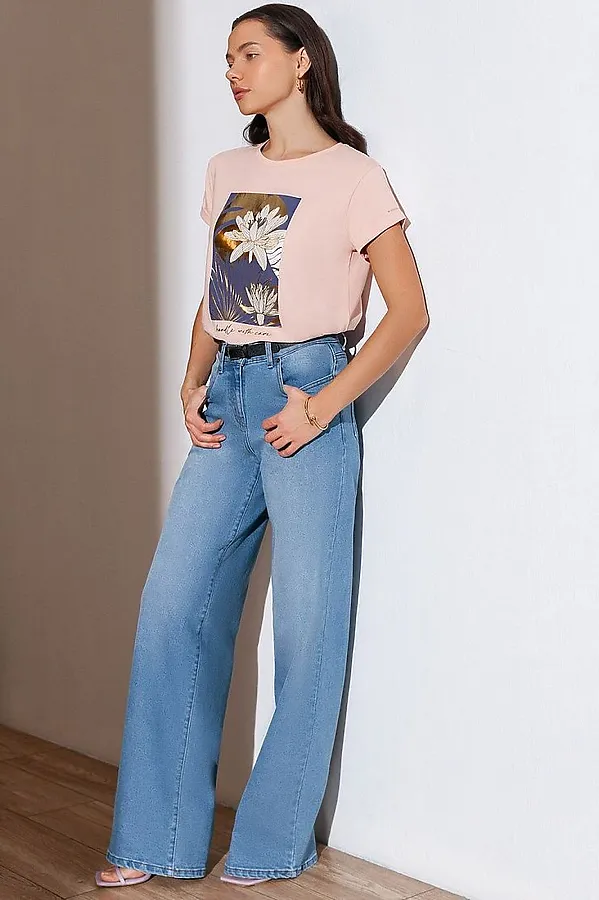 Свободная футболка с принтом из премиального хлопка с эластаном VILATTE, пудра_care - фото 2