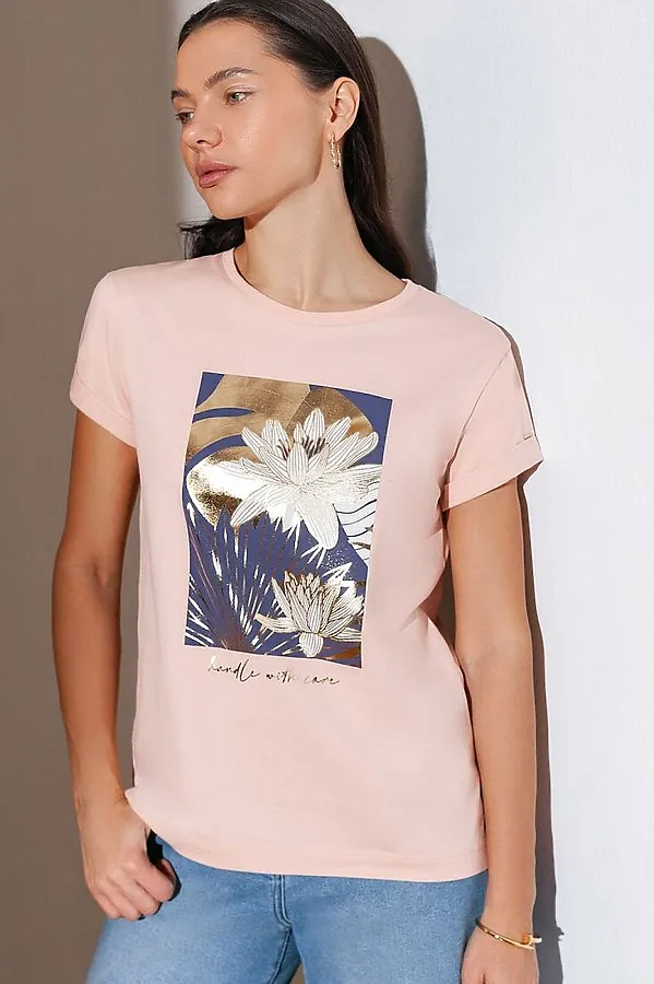 Свободная футболка с принтом из премиального хлопка с эластаном VILATTE, пудра_care - фото 2