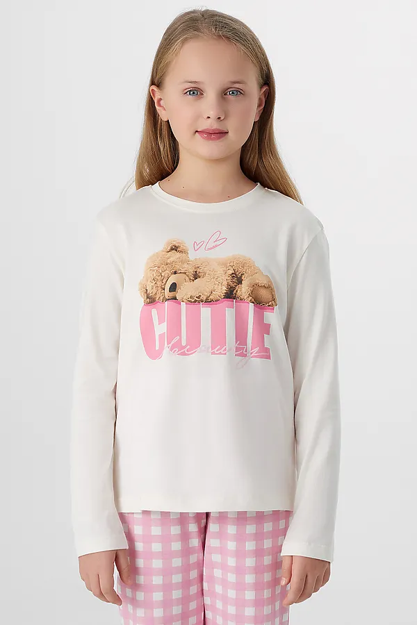 Комплект для девочек (лонгслив, брюки) MARK FORMELLE, св.молочный +бело -розовая клетка - фото 2