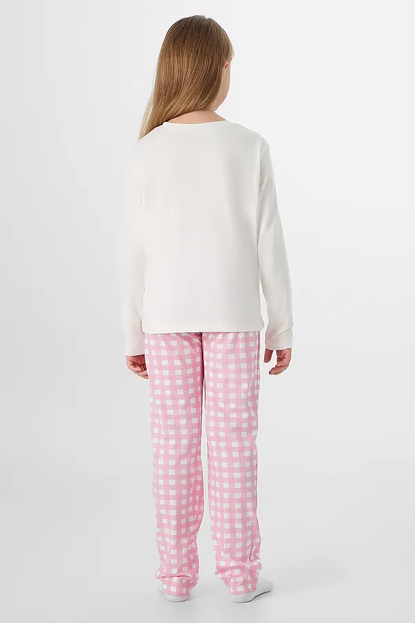 Комплект для девочек (лонгслив, брюки) MARK FORMELLE, св.молочный +бело -розовая клетка - фото 2