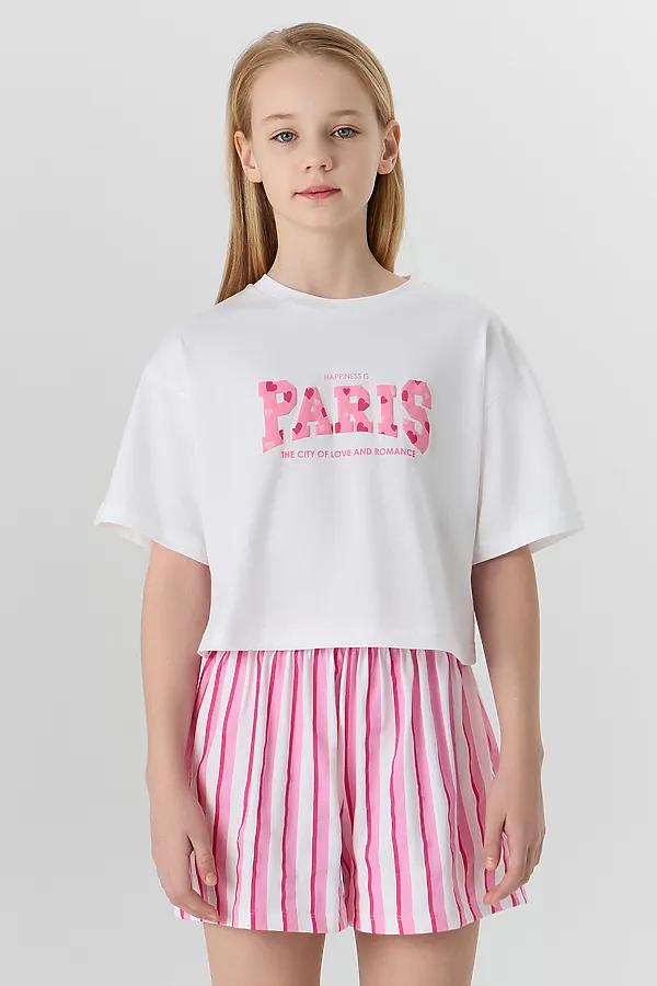 Комплект для девочек (футболка, шорты) MARK FORMELLE, белый +розовая полоска - фото 2
