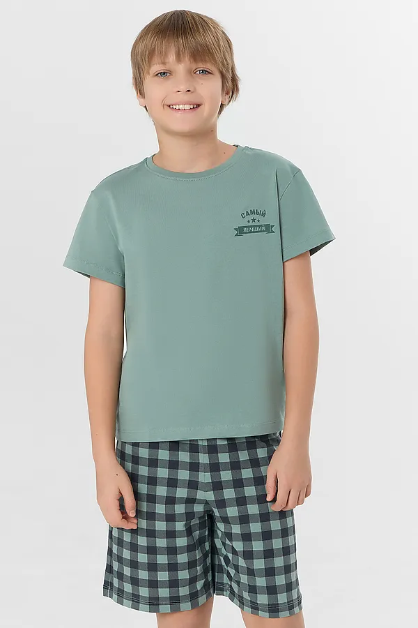Комплект для мальчиков (футболка, шорты) MARK FORMELLE, зеленая пастель +зеленая клетка - фото 2