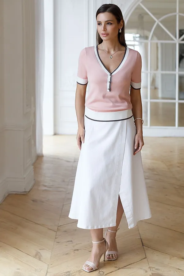 Джемпер с V-вырезом с коротким рукавом из вискозы VILATTE, пудровый - фото 2