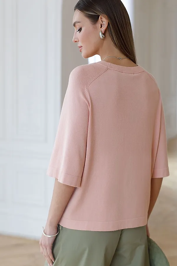 Свободный джемпер с рукавом 3/4 тонкой вязки из вискозы VILATTE, пудровый - фото 2